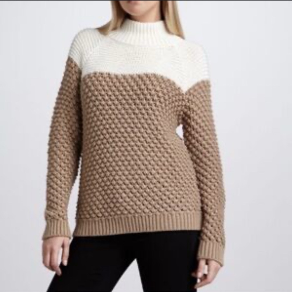 525 America Women Two-Tone Mock Neck Sweater Wool Cashmere Tan Cream Small